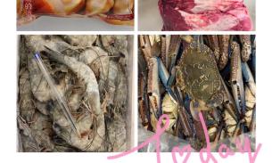周五新鲜梭子蟹、新鲜金钱腱、美味的天堂虾、好吃的猪肉锅贴
