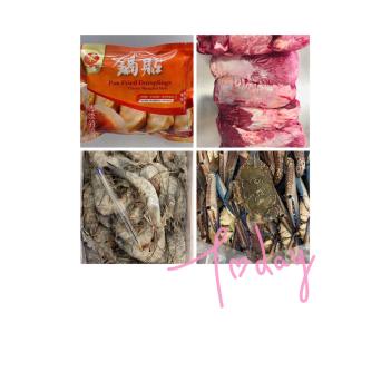 周五新鲜梭子蟹、新鲜金钱腱、美味的天堂虾、好吃的猪肉锅贴